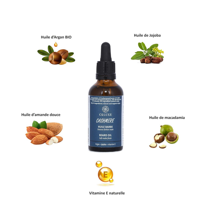cachemire glättendes Bartöl für Männer, mit natürlichen Ölen, Arganbaum, Jojoba Vitamin E, Weichheit