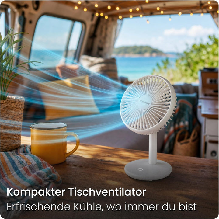 Tischventilator sehr leise - 7-Flügel USB Ventilator Akku 2000 mAh, Ø 14cm, 4 Modi, Naturwind, Bürst