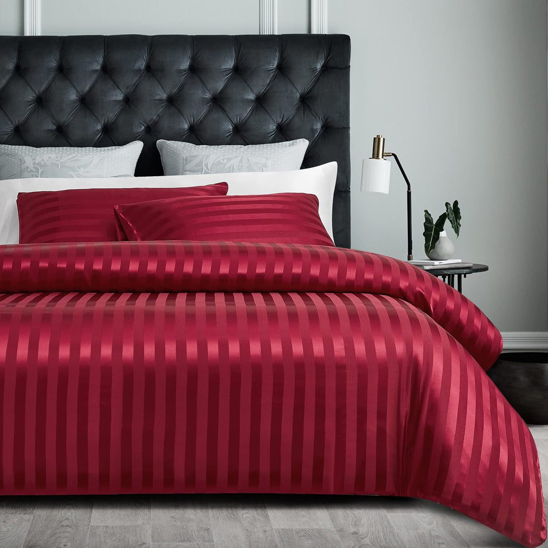 Damier Bettwäsche 155x220cm Rot Satin Glanz gestreift Bettwäsche Set Seidig glänzend Luxus Deckenbez