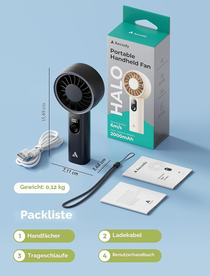 Aecooly Mighty Handventilator, Tragbarer Mini Ventilator, USB-aufladbar [Max. 10 Stunden Kühlzeit],