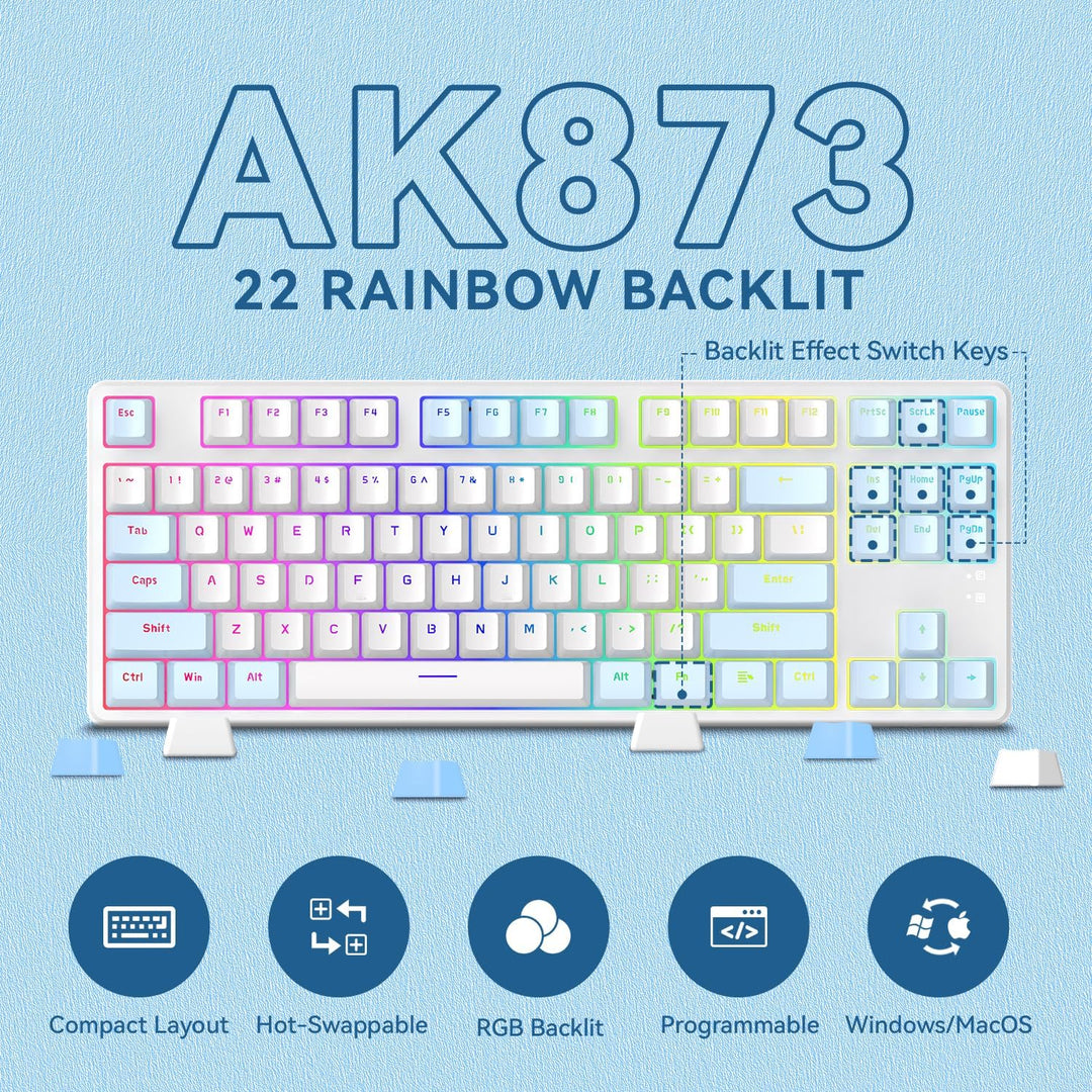 AJAZZ AK873-75% Wired Gaming Tastatur mit Spiral USB-C Kabel-Hot Swappable Blue Switch Mechanische T
