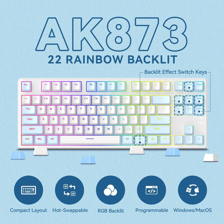 AJAZZ AK873-75% Wired Gaming Tastatur mit Spiral USB-C Kabel-Hot Swappable Blue Switch Mechanische T