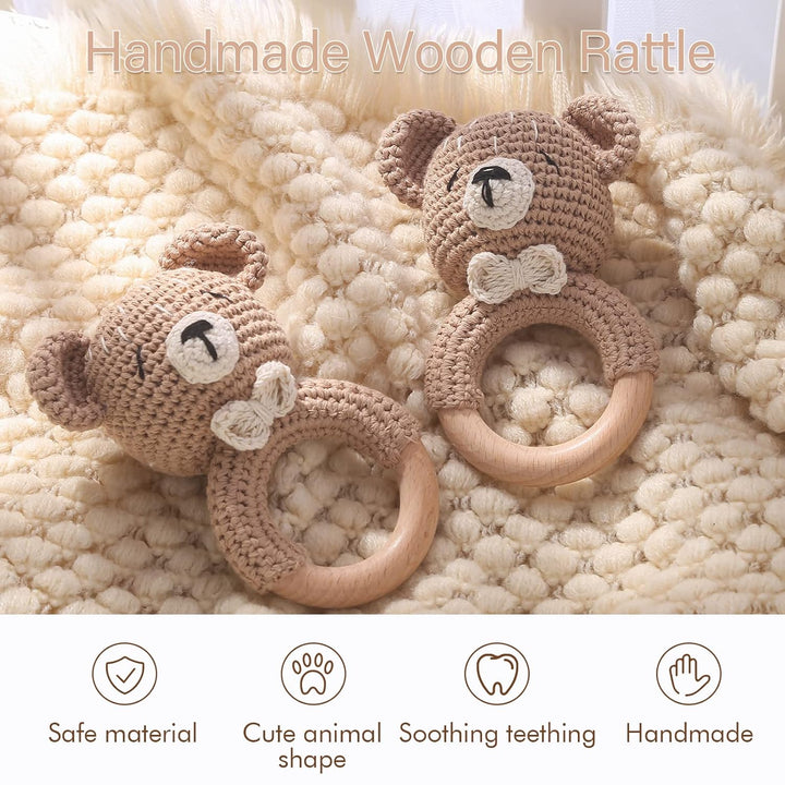 Youuys Babyrassel Gehäkelte Holz Häkeln Tiere Greifling Baby Holz Rassel Baby mit Sound Handmade Ras