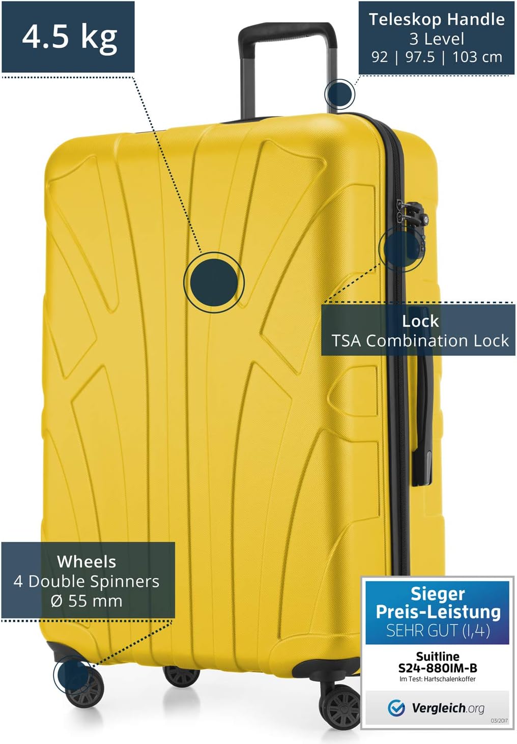 Suitline grosser Hartschalen-Koffer Koffer Trolley Rollkoffer XL Reisekoffer, TSA, 76 cm, ca. 96-110