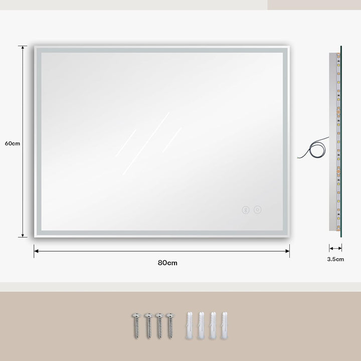 Dripex Badspiegel mit Beleuchtung Led Spiegel mit Bluetooth-Lautsprecher und Steckdose, Dimmbar, 3 L