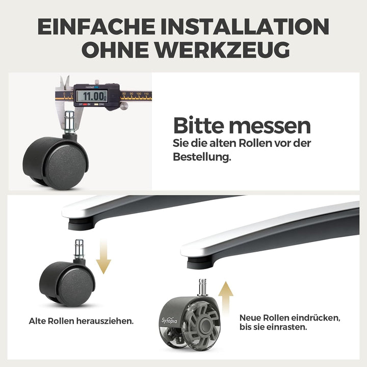 Sytopia Bürostuhl Rollen 70mm 5er Set, 11x22mm Rollen für Bürostühle, Hartboden, Parkett, Bodenschut