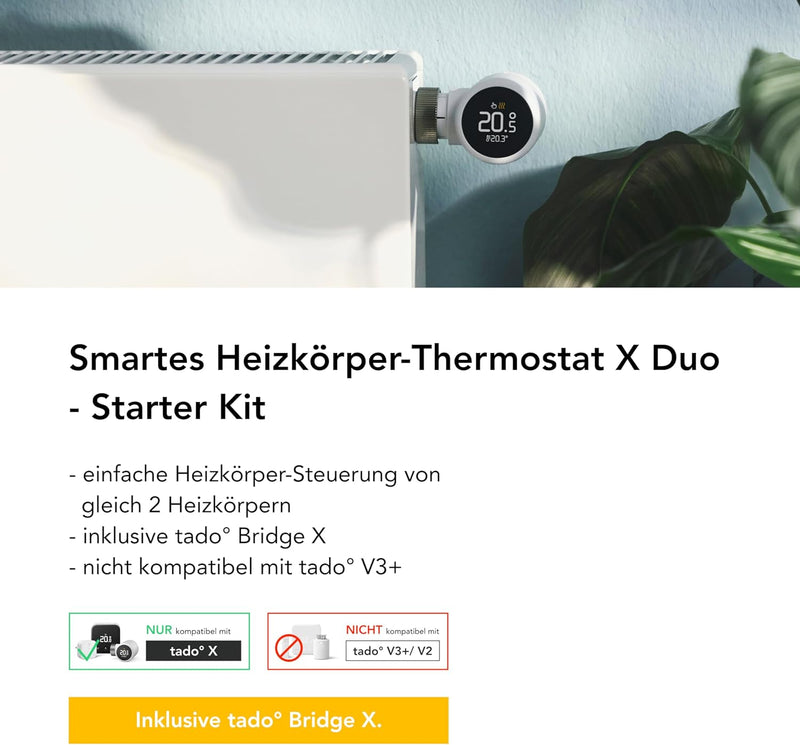 tado° Smartes Heizkörperthermostat X – Starter Kit mit Bridge X, Heizungssteuerung per App und Smart