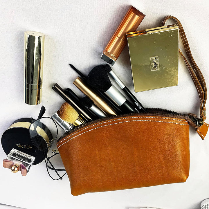 BAWAKO Premium Kosmetiktasche Schminktasche aus hochwertige Echtleder, Schickes Federmäppchen Kleine
