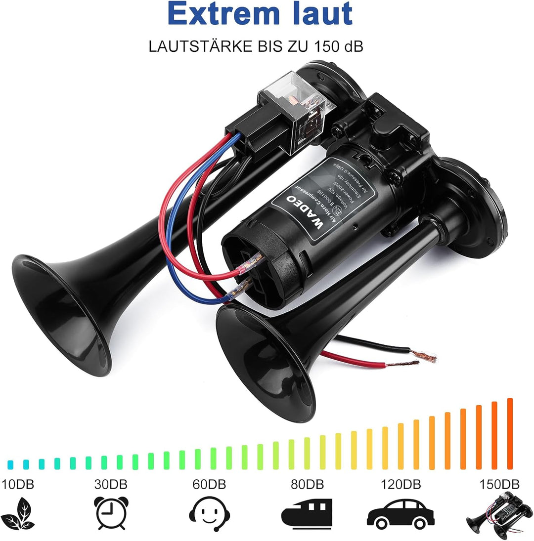 WADEO LKW Hupe 12V 118db, Super Laut Autohupe mit Kompressor, Lufthorn Drucklufthorn Kit für alle 12