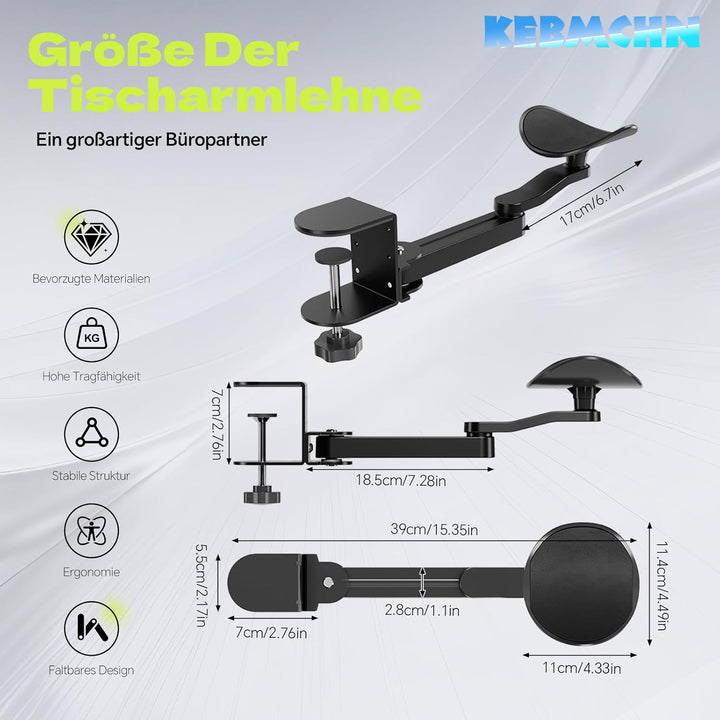 Verstellbare Armauflage für Schreibtisch – Ergonomische Armlehnenstütze &amp; Handgelenkauflage – 360° D
