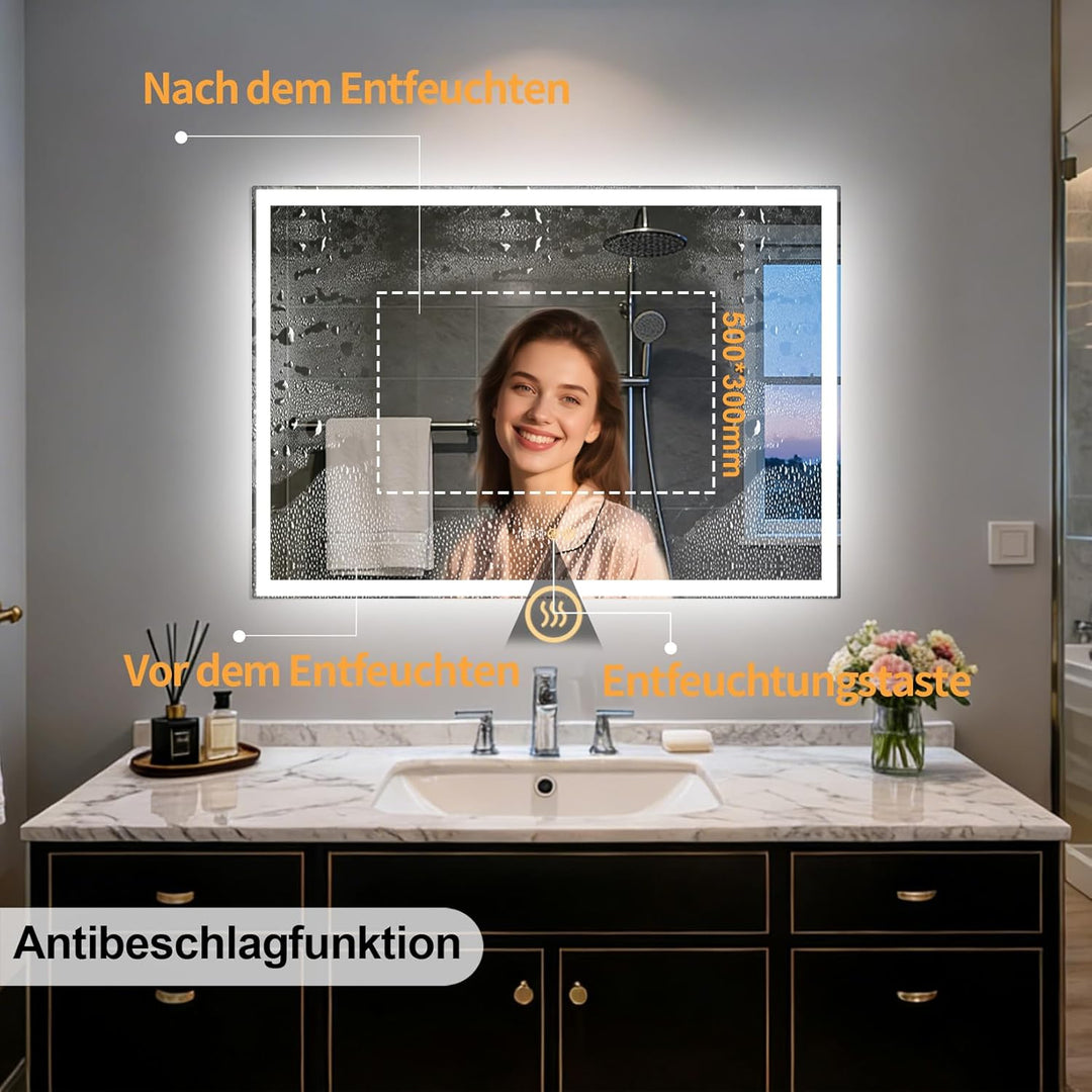 Beleuchteter Spiegel 100 x 70 cm, beleuchteter Badspiegel, LED-Spiegel mit Uhr, 3 einstellbare Licht