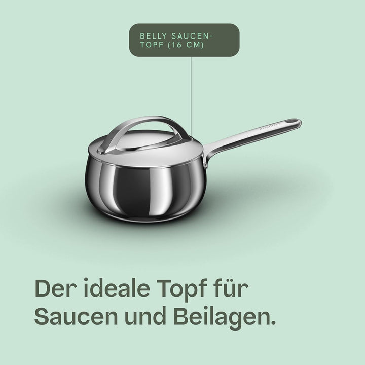 BergHOFF Home Kochtopf klein (16cm) – Stielkasserolle - Edelstahl Topf mit Deckel - Kochtopf für all