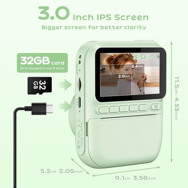 Sofortbildkamera Kinder,14MP 3.0 Zoll Bildschirm Kinderkamera Sofortbildkamera mit 32G Karte,Druckpa