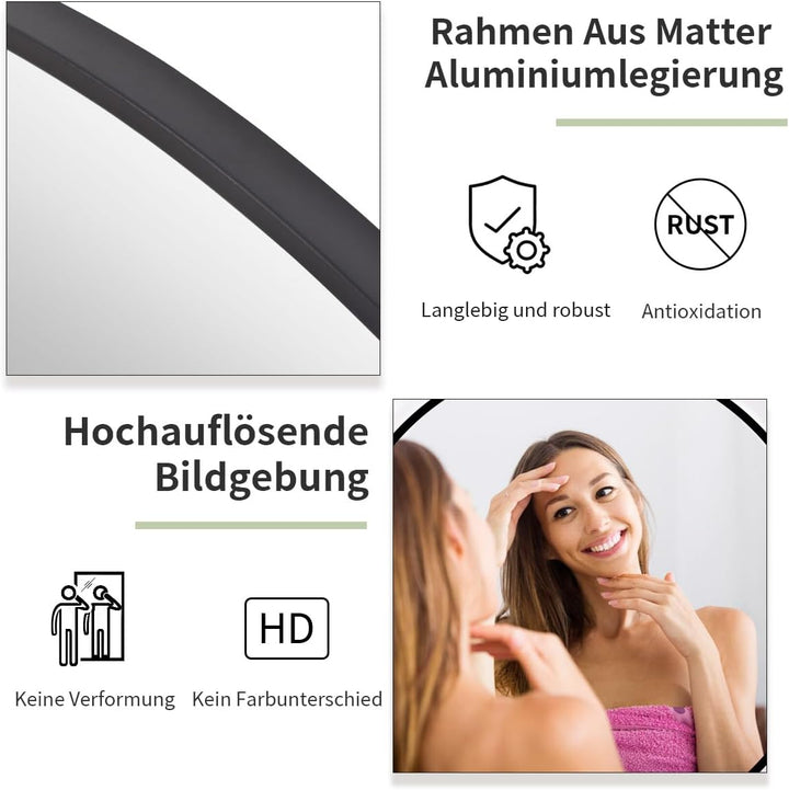 Koonmi 50cm Spiegel Rund Schwarz Runder Spiegel Wandspiegel mit Rahmen aus Aluminiumlegierung für Ba