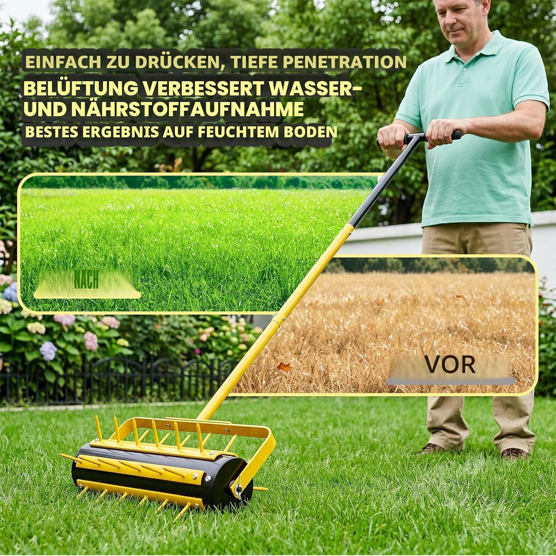 LIROPAU Rasenlüfter Walze, Rasenbelüfter Manuell, Handvertikutierer Rollend mit 36 Nägeln 5.8cm & T-