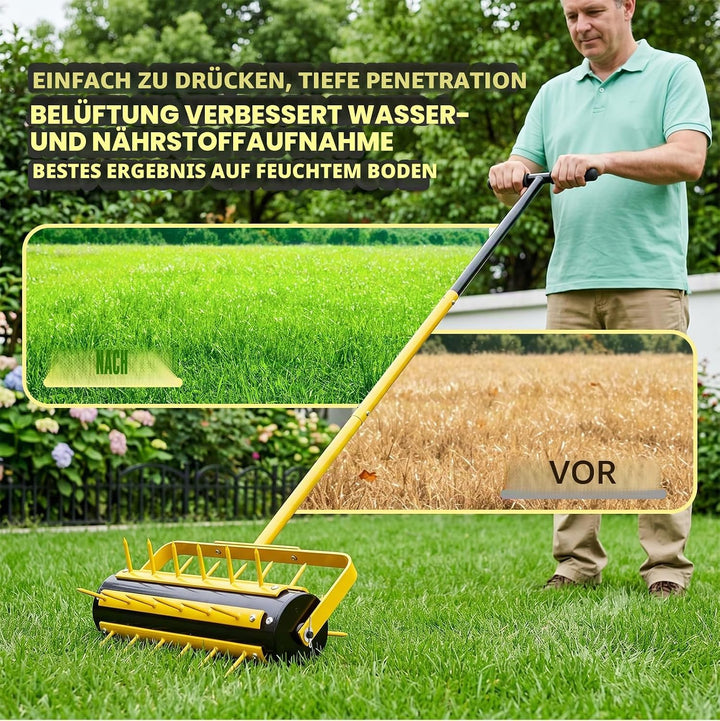 LIROPAU Rasenlüfter Walze, Rasenbelüfter Manuell, Handvertikutierer Rollend mit 36 Nägeln 5.8cm & T-