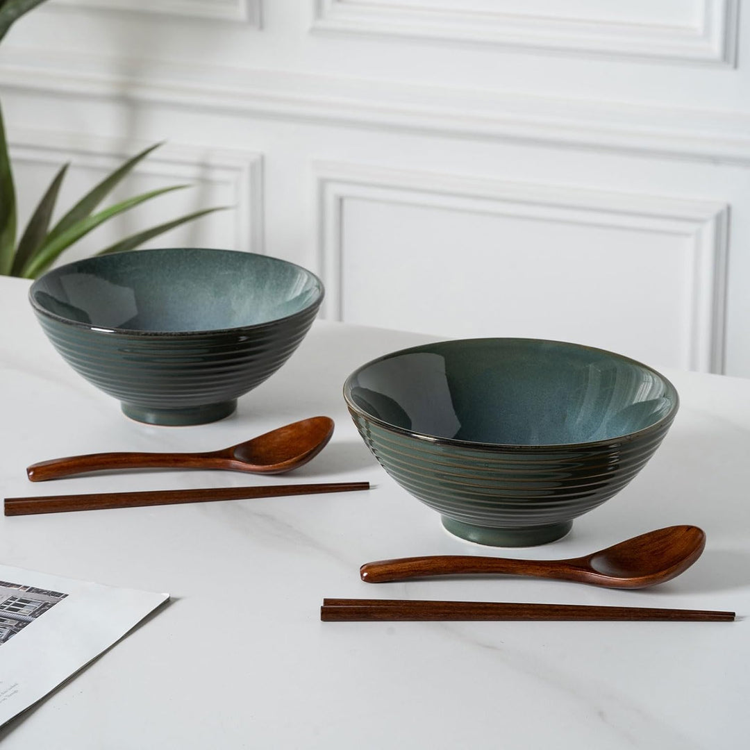 2X Ramen Bowl Ceramic - 1200ml - 20 cm - With Spoon and Chopsticks for Ramen Soup Pho Udon Asian Noo