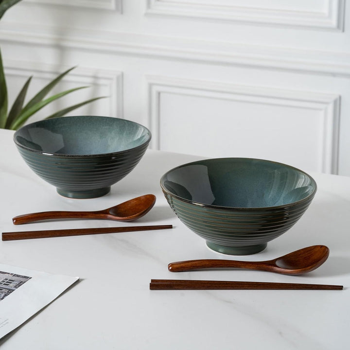 2X Ramen Bowl Ceramic - 1200ml - 20 cm - With Spoon and Chopsticks for Ramen Soup Pho Udon Asian Noo
