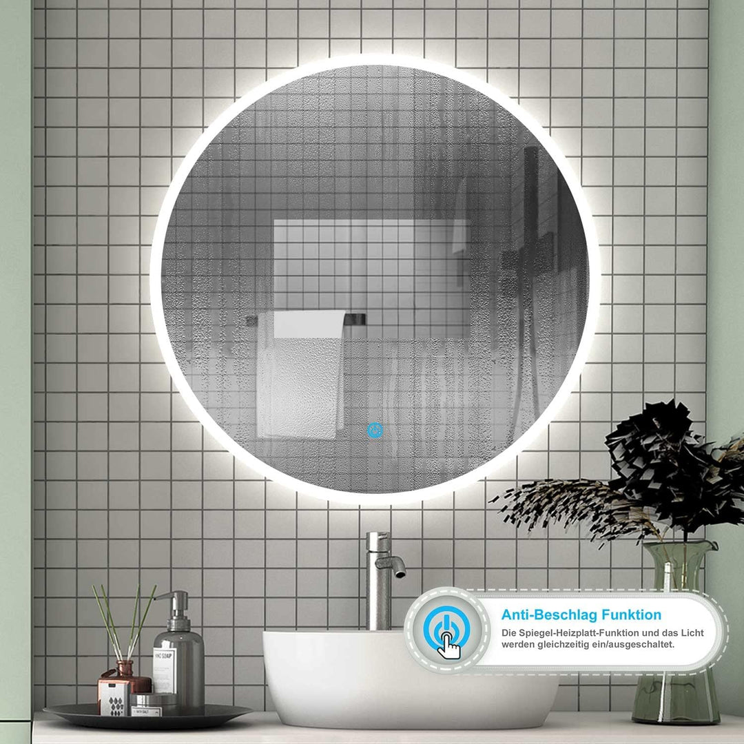 Aica Sanitär LED Badspiegel rund 70 cm Touch Beschlagfrei Wandspiegel mit Beleuchtung Lichtspiegel A