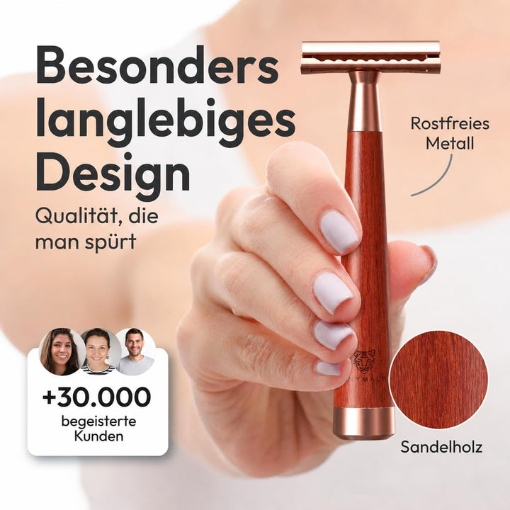 ANYMALE® Rasierhobel Rosegold aus Sandelholz - Damen Set inklusive 5 ASTRA Klingen - Plastikfreier R