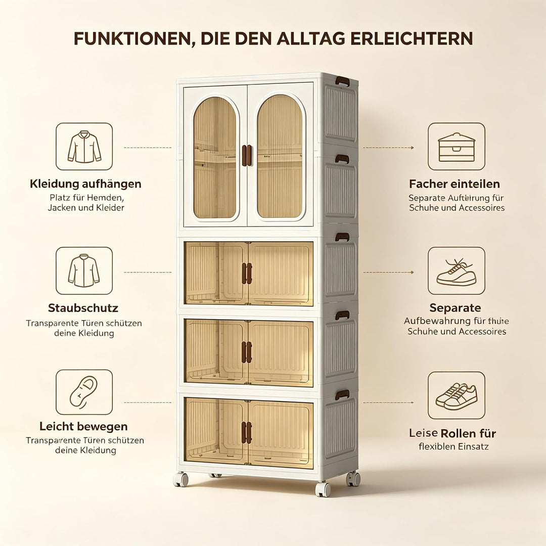 Faltbarer Kleiderschrank mit Rollen, 365L, 3 Ebenen Kunststoffschrank, Transparente Türen, Staubdich