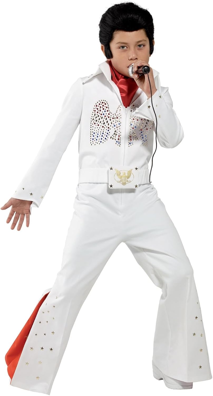 Elvis Kostüm Weiss mit Overall und Schal, Large Medium - 7 bis 9 Jahre, Medium - 7 bis 9 Jahre
