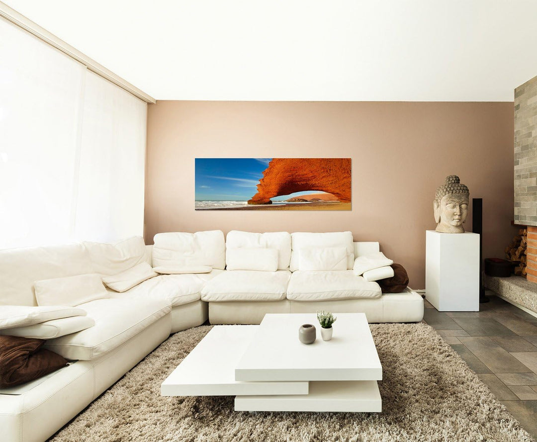 Paul Sinus Art Panoramabild auf Leinwand und Keilrahmen 150x50cm Marokko Felsen Meer Strand Himmel