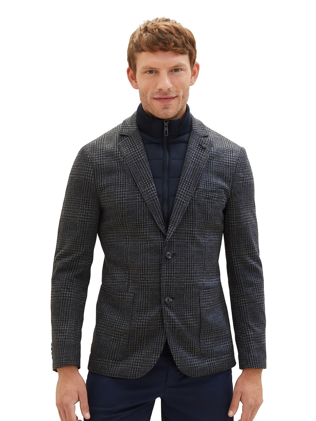 TOM TAILOR Herren 2-in-1 Sakko mit Abnehmbarer Innenjacke 54 32807 - Grey Blue Houndstooth, 54 32807