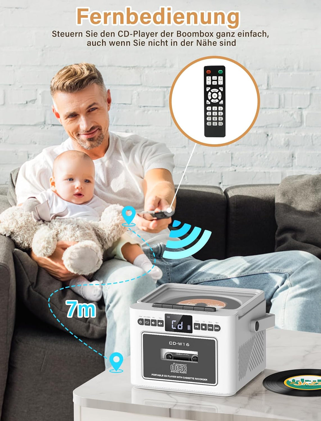 Boombox CD Player tragbar, CD-Player mit Kassettenspieler,UKW-Radio mit cd Player, 5000mAh wiederauf
