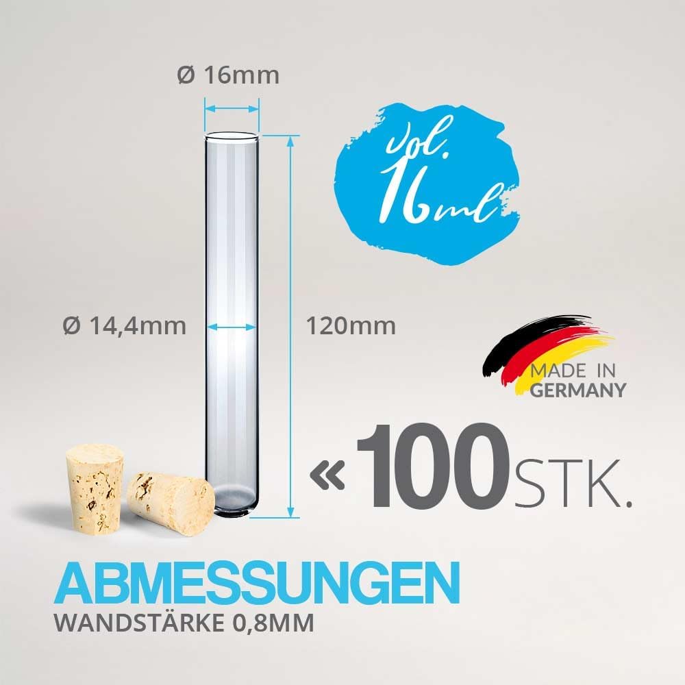 Tuuters 100 Glas Reagenzgläser mit Korken Verschluss Naturkorken, kleine Gewürzgläser (120 x Ø 16mm)