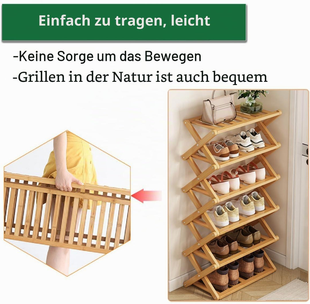Schuhregal aus Bambus mit 6 Etagen, tragbar, zusammenklappbar, ohne Installation, kleines Schuhregal