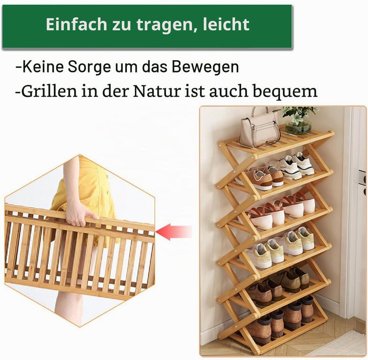 Schuhregal aus Bambus mit 6 Etagen, tragbar, zusammenklappbar, ohne Installation, kleines Schuhregal