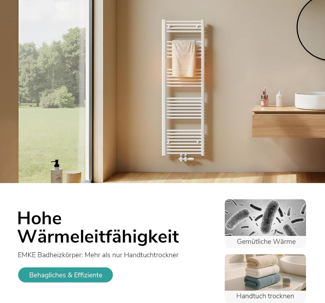 EMKE Handtuchheizkörper Gerade 1200x400 mm - Badheizkörper mit Mittelanschluss, Effizienter Handtuch