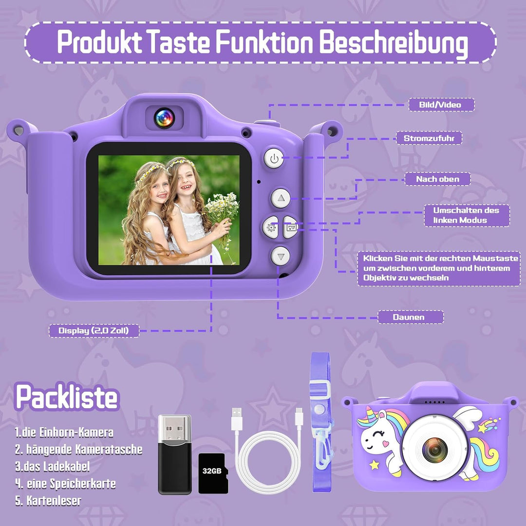 Kinderkamera，Digitalkamera für Kinder mit 2.0” Display, HD (1080P), stossfest, ideal für Jungen und