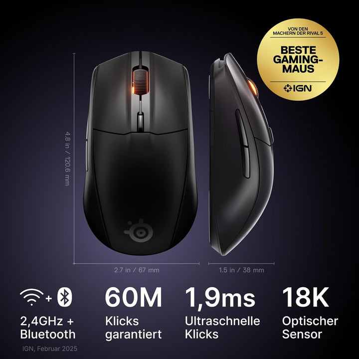 SteelSeries Rival 3 Wireless Gen 2 Gaming Maus – 2,4GHz und Bluetooth – 18.000DPI TrueMove Air-Optik