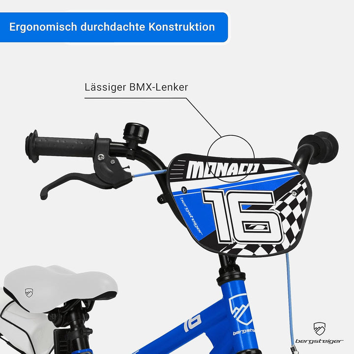 Bergsteiger Monaco 16 Zoll Kinderfahrrad, geeignet für 4, 5, 6 Jahre, BMX, Stützräder, Rücktrittbrem