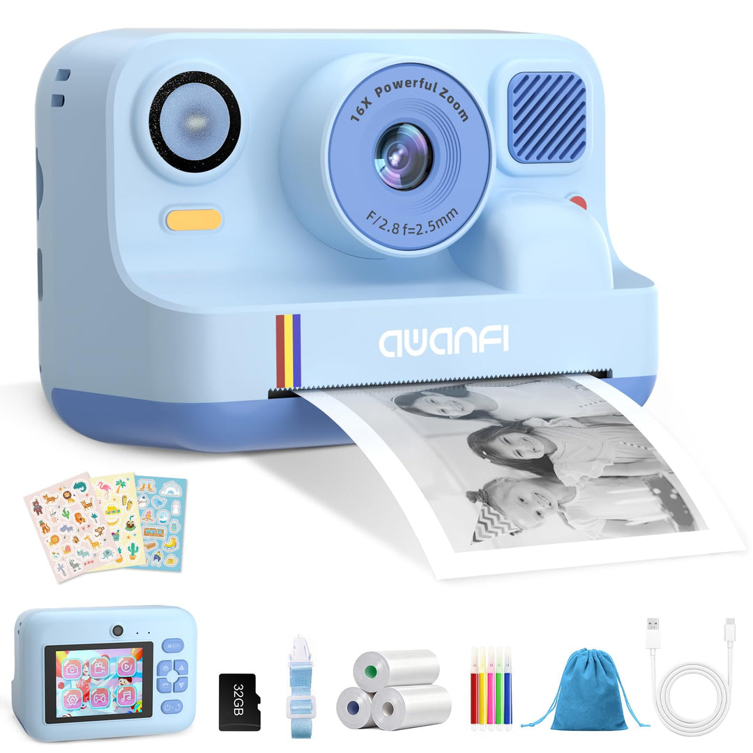Kinderkamera Sofortbildkamera, 2,4 Zoll 1080P Sofortbildkamera Kinder mit 32GB Karte & 3 Rollen Druc