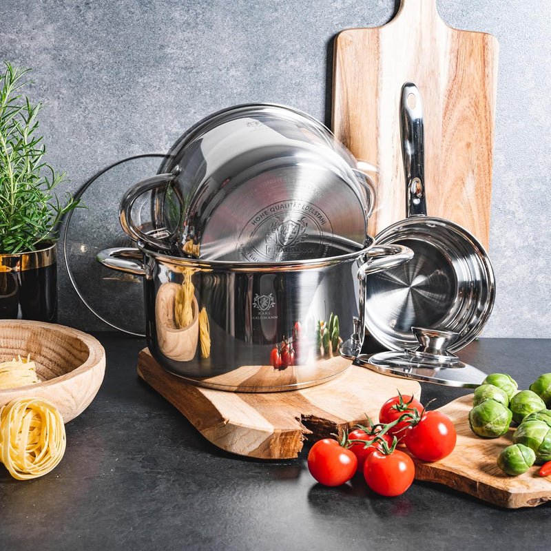 Topfset Induktion 3-teilig, Kochtopf Set mit Glasdeckel, Edelstahl mattiert, Induktions Töpfe Set un