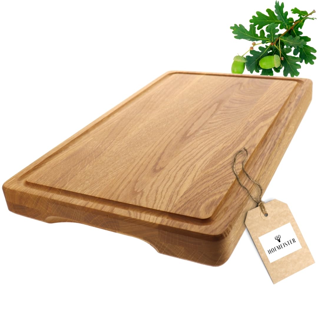HOFMEISTER® Profi Schneidebrett aus Eichenholz 50 x 30 cm – MitAnti-Rutsch-Füssen &amp; Saftrille – Mass
