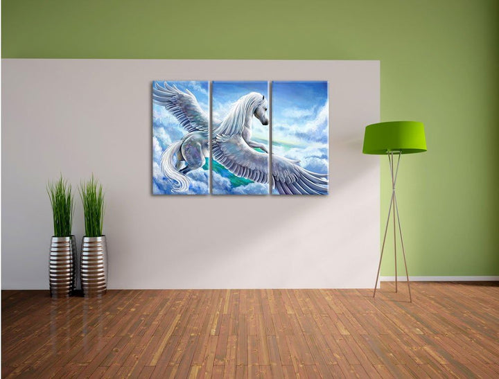 Pixxprint Pegasus fliegt über den Wolken als Leinwandbild/Grösse: 3 Teilig (120x80) / Wandbild/Kunst