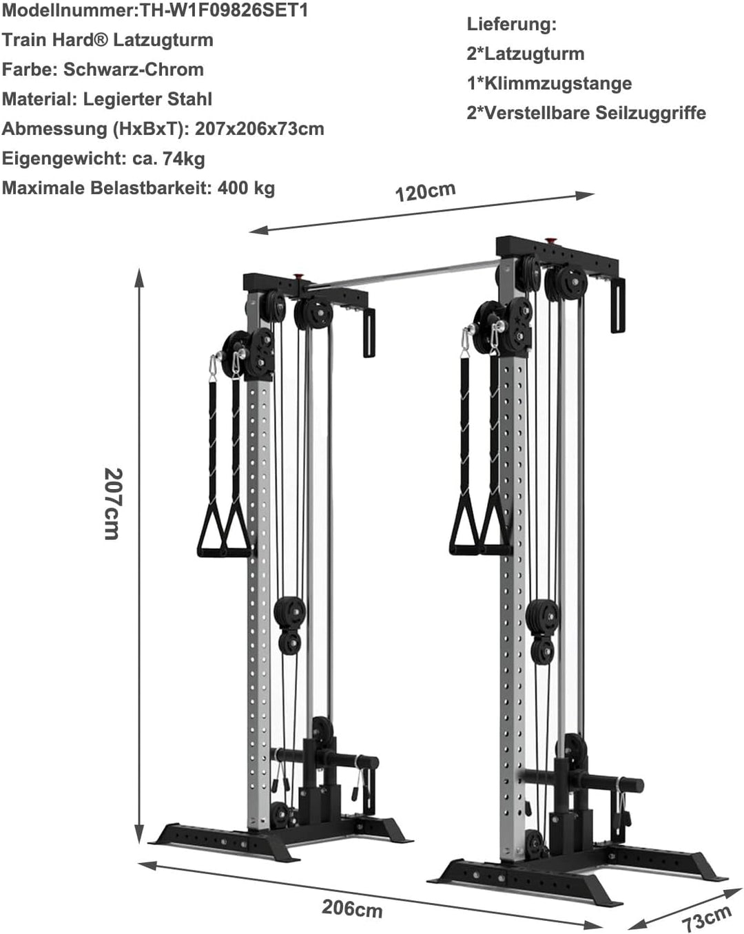 Train Hard® Wandmontage Latzugturm, Kabelzuganlage, Seilzugstation zur Brandneues Modell 2024 B:W1F0