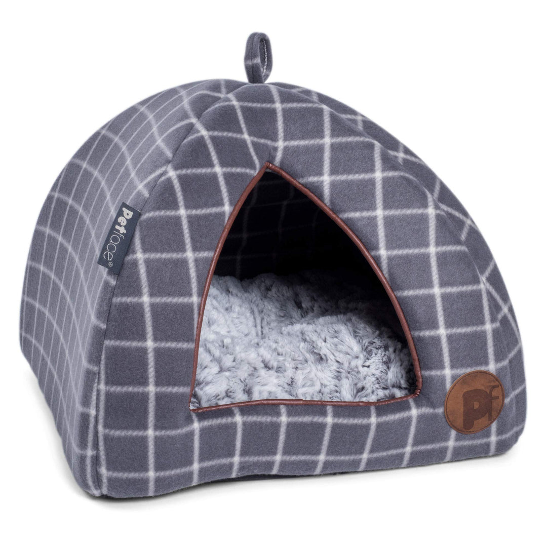 Petface Graues Iglu-Körbchen aus Fleece mit Karos Fensterscheibe Karo Grau, Fensterscheibe Karo Grau