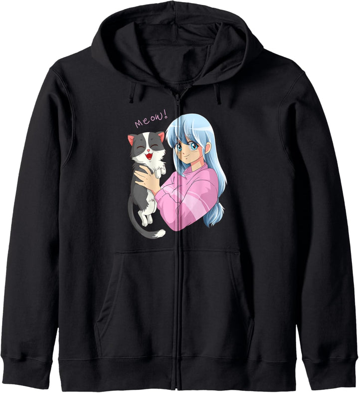 Anime Neko Katzen Mädchen I Pastell Kawaii Anime Girl Kapuzenjacke