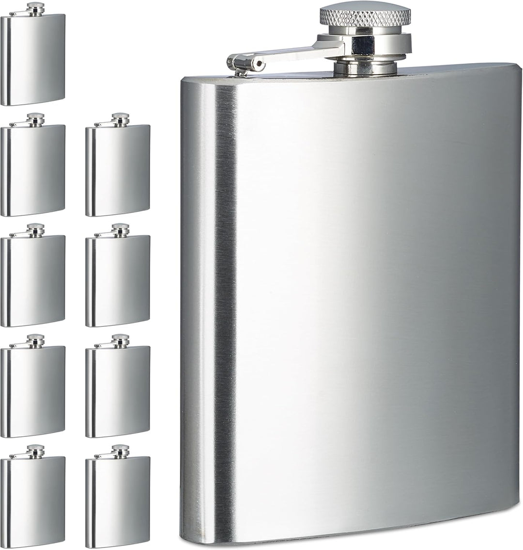 Relaxdays Flachmann 10er Set, 200 ml, Edelstahl Schnapsbehälter für unterwegs, Taschenflasche Schrau