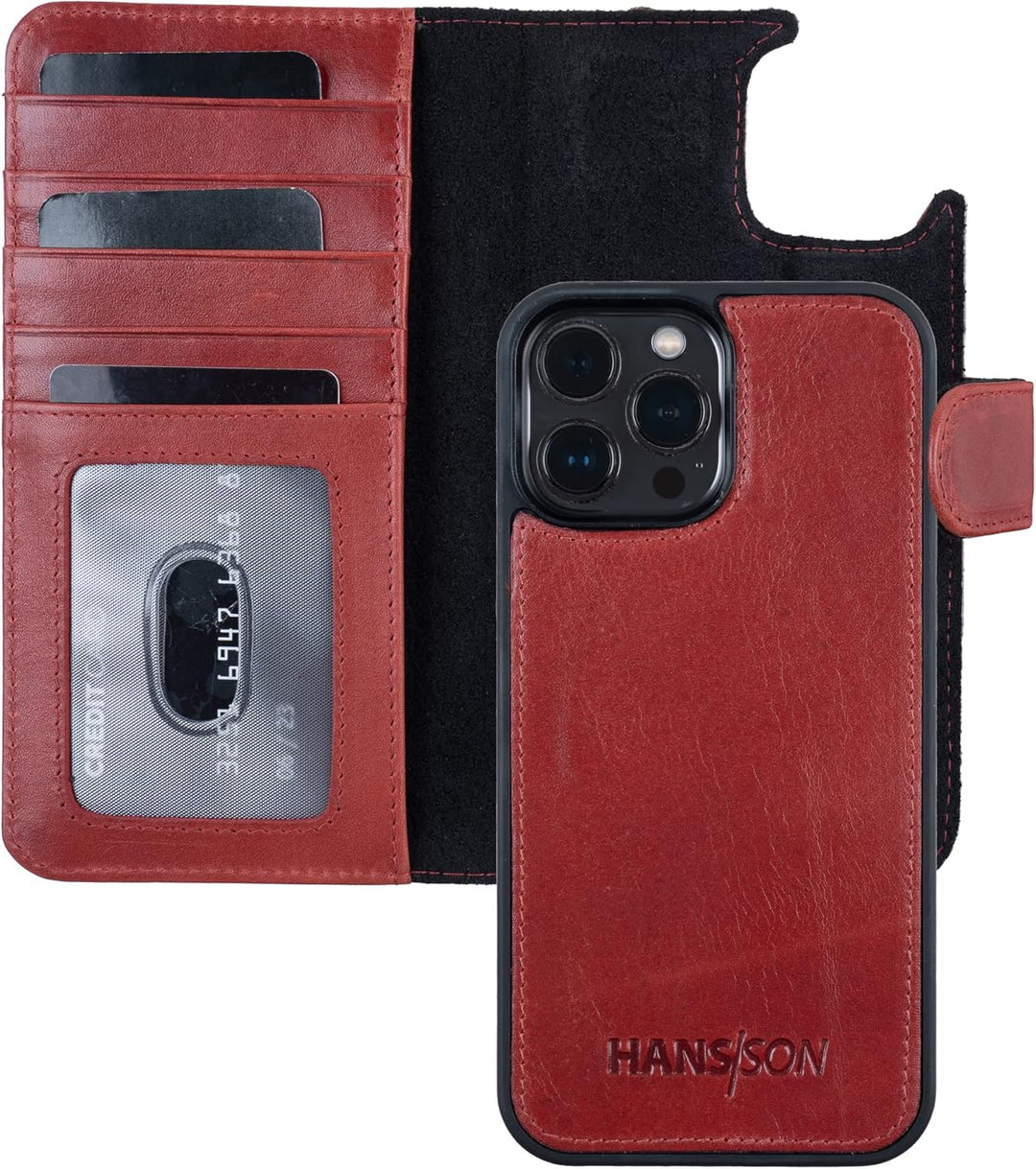 HANS/SON Hülle aus Echtleder mit Kartenfächern | Rote iPhone 13 Pro Max Klapphülle | Geldbeutel | Ma