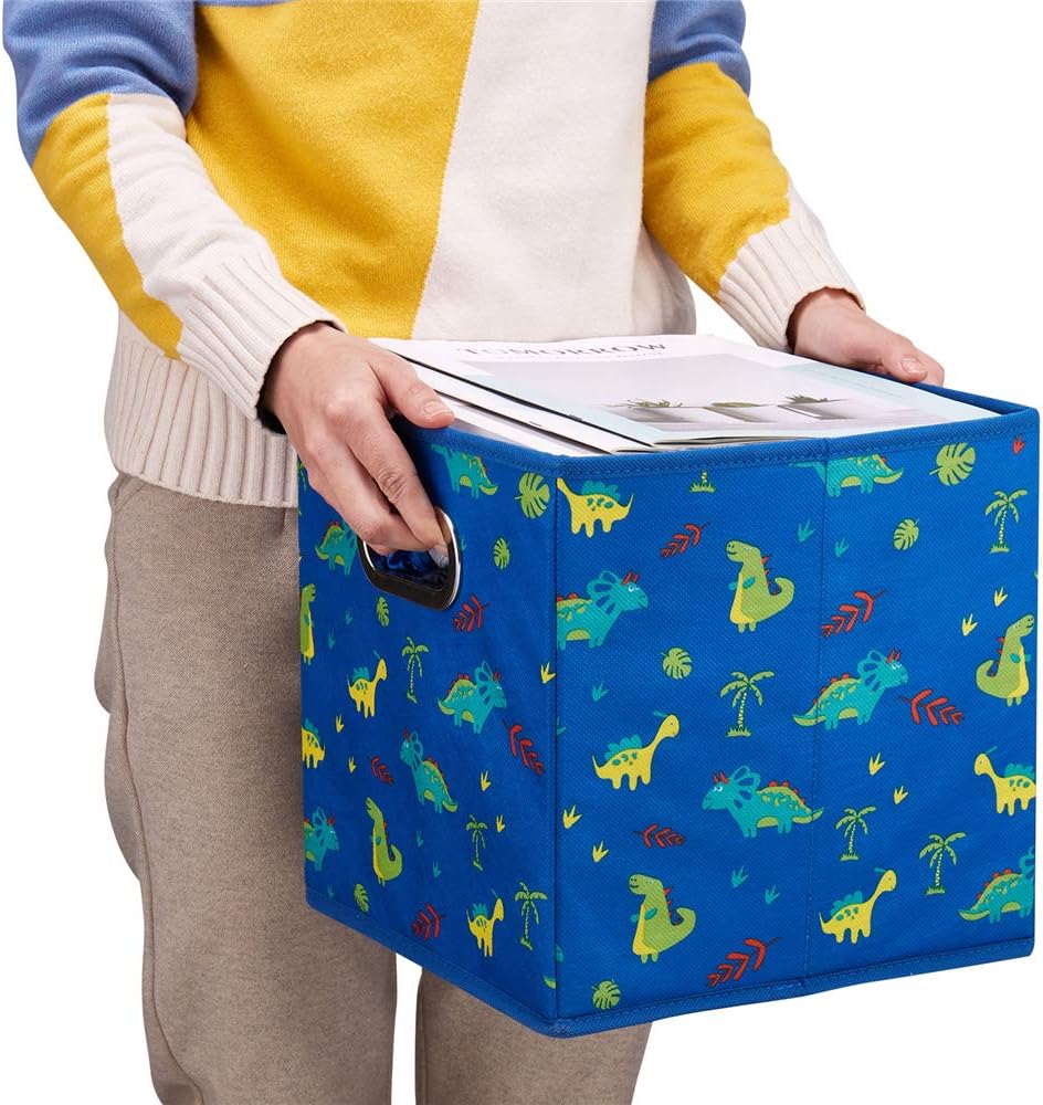 Aufbewahrungsbox, blau | Dinosaurier, faltbar, Stoff, 26.6x26.6x27.9cm, mit 2 Metallgriffen, kompati