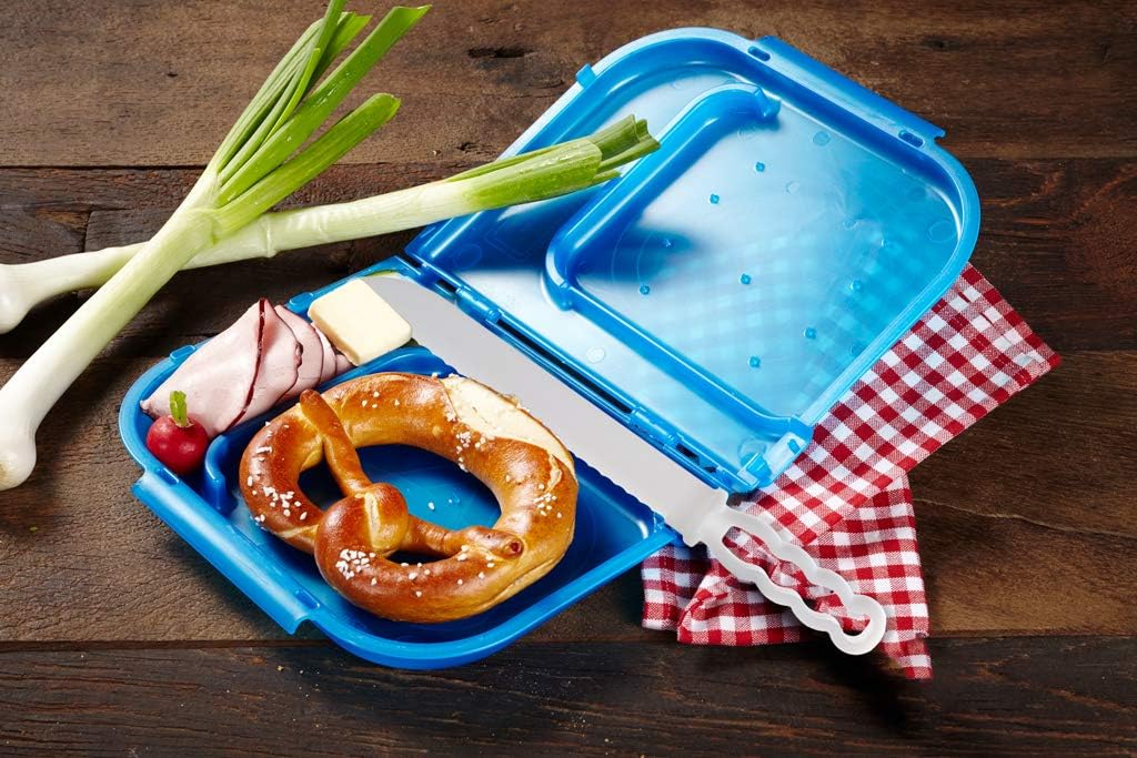 Brezel-Schneidebox (blau) inkl. Kunststoff-Messer - Brezen-Schneidebox - Brezelschneider - sichere S