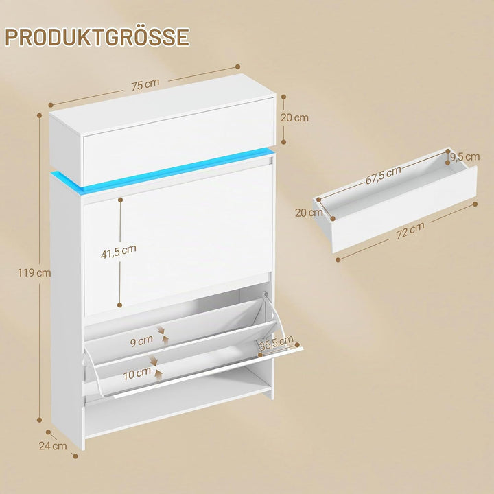 Hzuaneri Schuhschrank, Schuhkipper Schmal mit LED-Leuchten, Schuhregal, Verstellbare Ablagefläche, 1