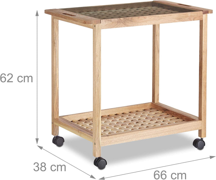 Relaxdays Küchenwagen auf Rollen, Holz Servierwagen mit Glasplatte, 2 Etagen Rollwagen, HxBxT: 62 x