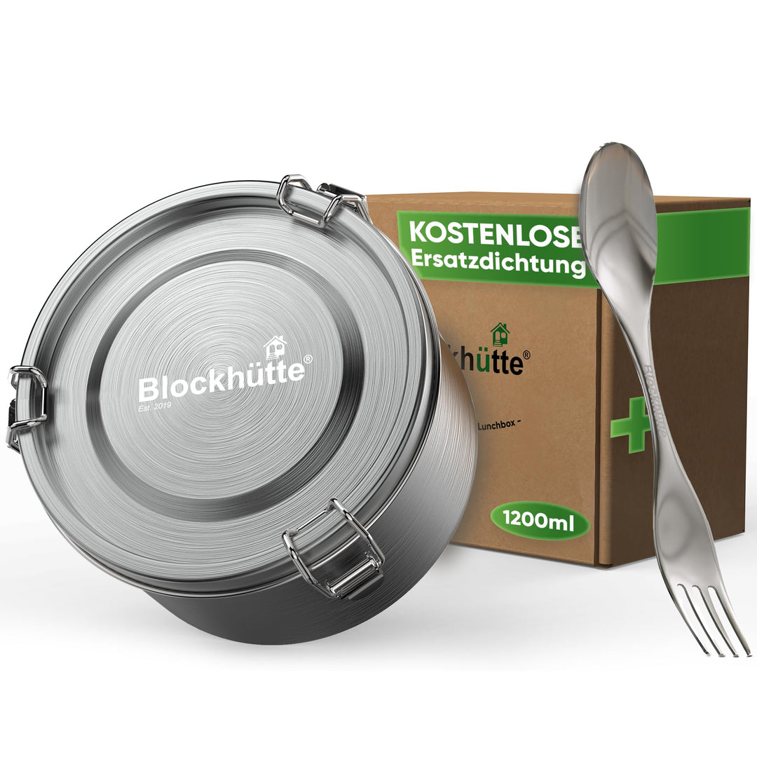 Blockhütte Premium Lunchbox Edelstahl Rund 1200ml mit Göffel und 2x Dichtung Set - Edelstahl Dose Au